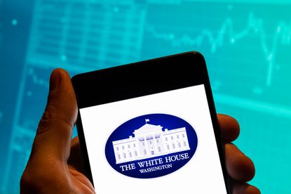 Person holding smartphone with White House logo on it and stock chart blurred in the background