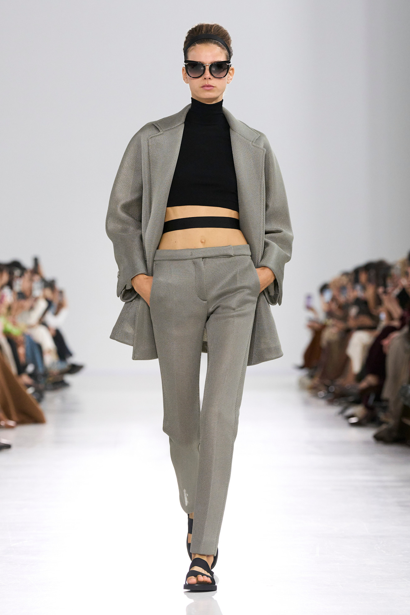 Model wears slate grey on the Max Mara runway.