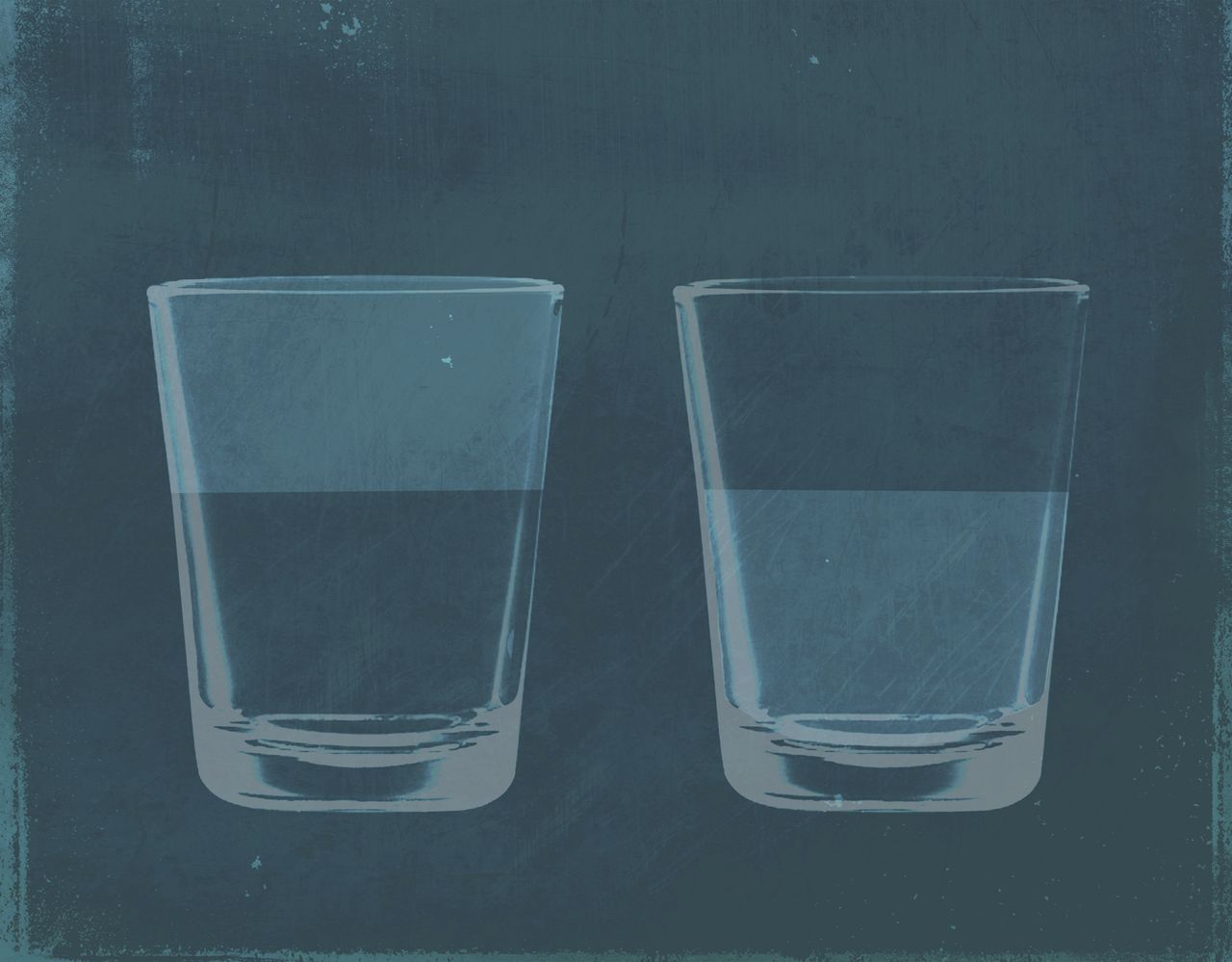 A half full glass of water next to a half empty glass of water