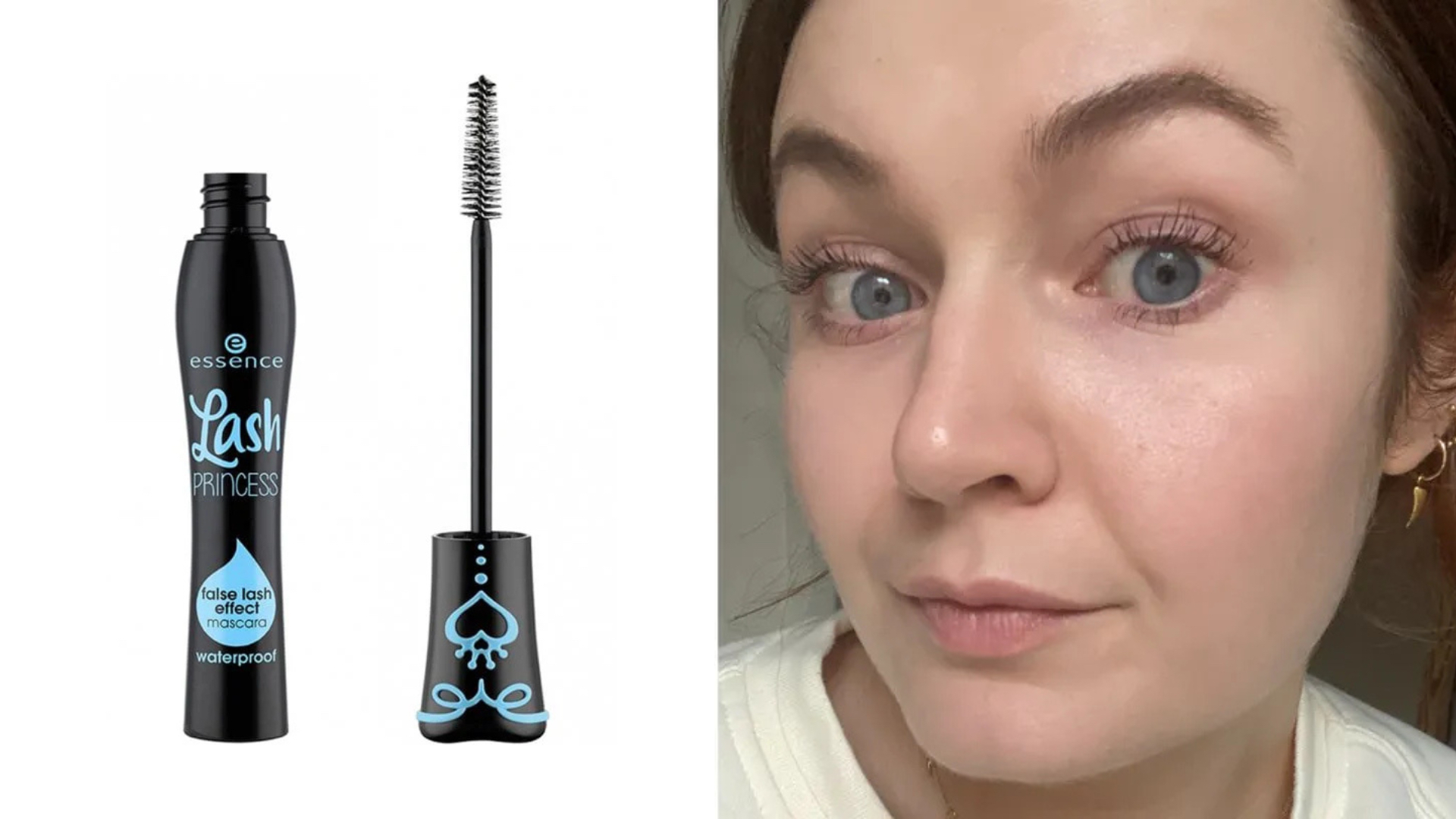 Composite image showing the Essence Lash Princess Waterproof Mascara (left) and Lucy wearing the product (right)