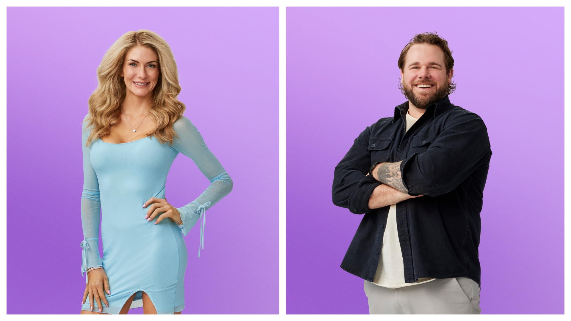 a split image of love is blind season 10 stars amber morrison wearing a light blue long sleeve dress and jordan faeth wearing a black shirt and khakis 