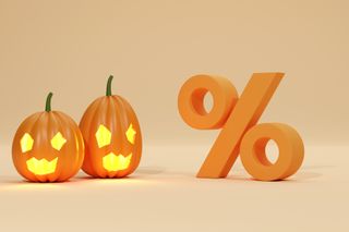 Halloween sale. Jack O Lanterns on orange background.3d illustration