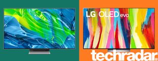 OLED TV deals banner: LG and Samsung OLED TVs on orange and green background