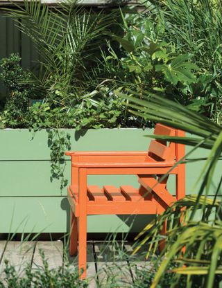 painted garden bench and planter by Farrow & Ball