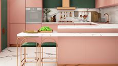 kitchen interior design in modern style with pink, green, marble and vintage hints