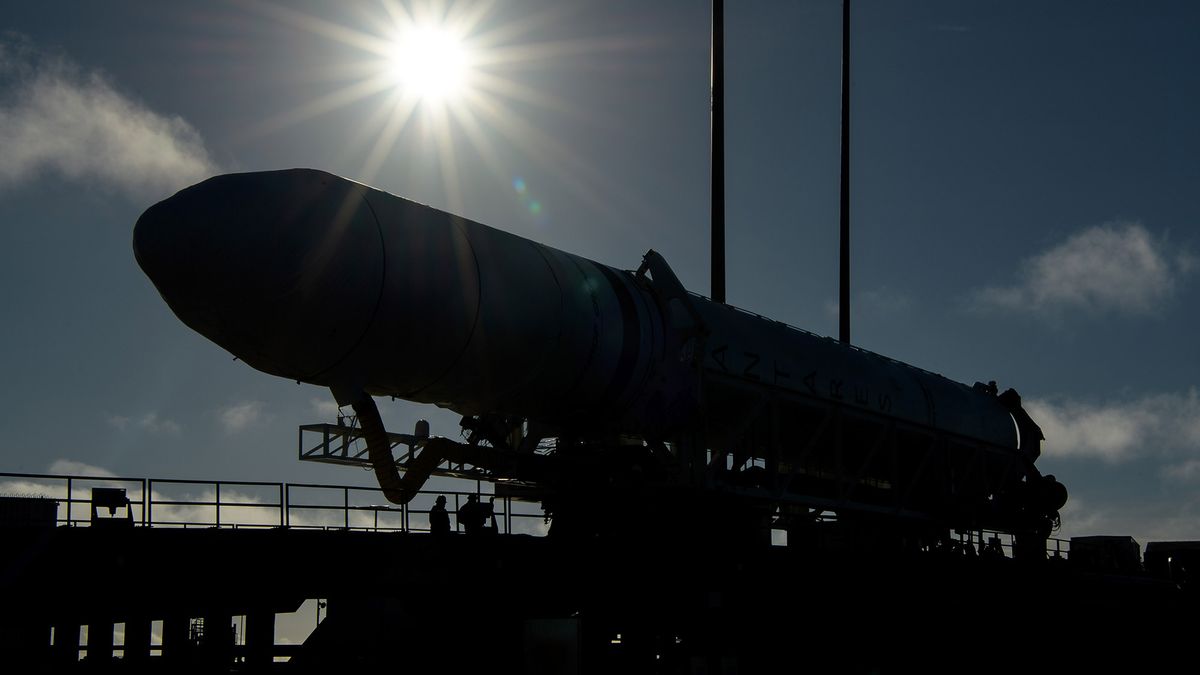 A Northrop Grumman Antares rocket arrives at launch Pad-0A, Tuesday, Oct. 29, 2019, at NASA's Wallops Flight Facility in Virginia.