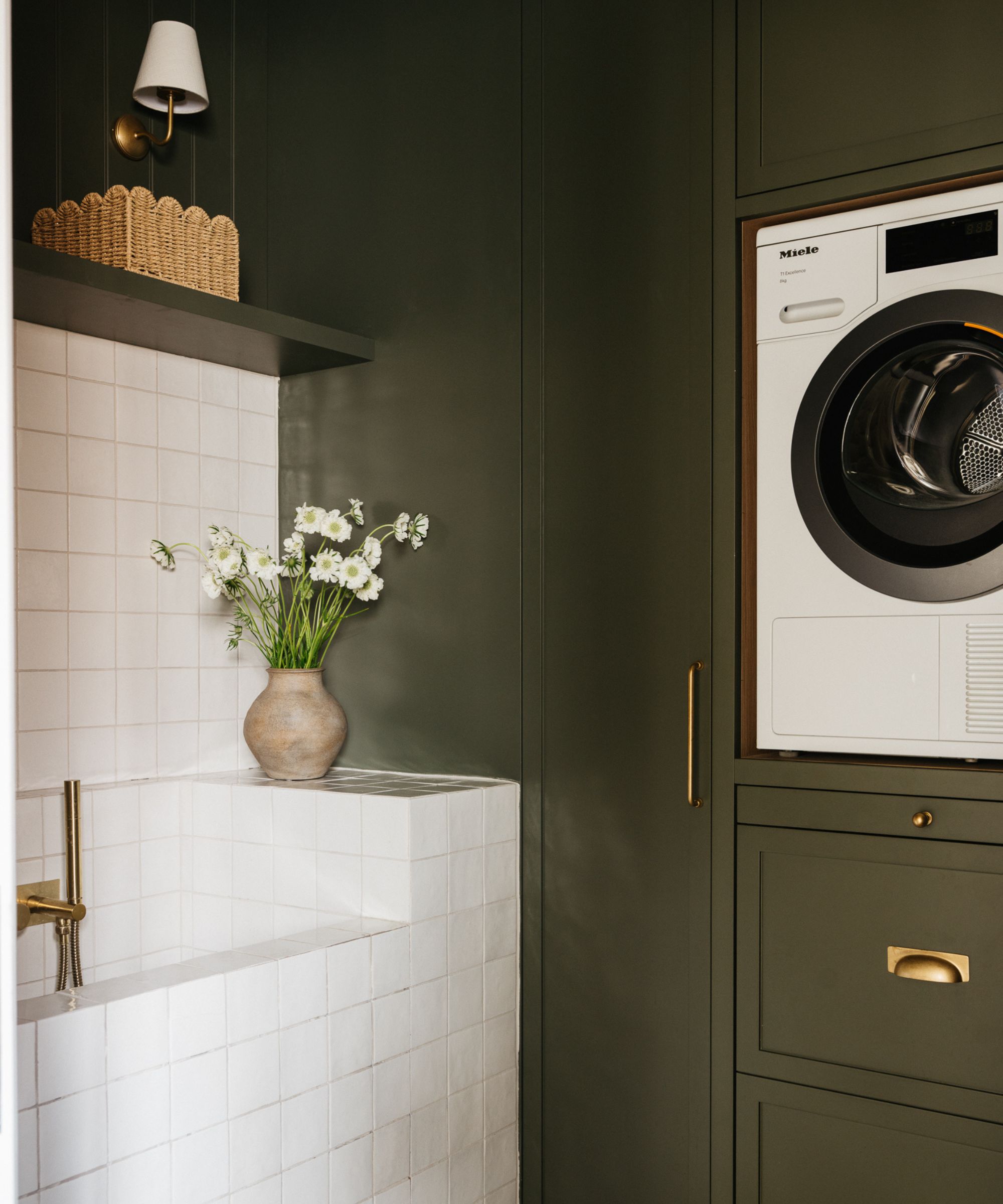 Small laundry room in Cabbage Patch by Benjamin Moore with raised laundry machine and dog wash