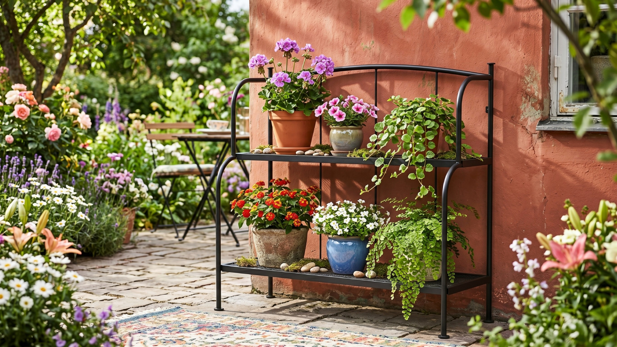 Ikea LACKO Shelf Unit displayed holding plant pots of flowers and foliage in an abundant garden