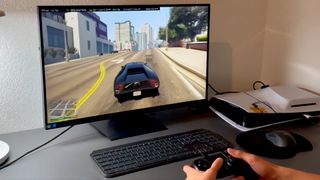 A screenshot of a video posted by Andy Nguyen on X, showing a Sony PS5 Slim running Ubuntu OS and GTA 5 Enhanced