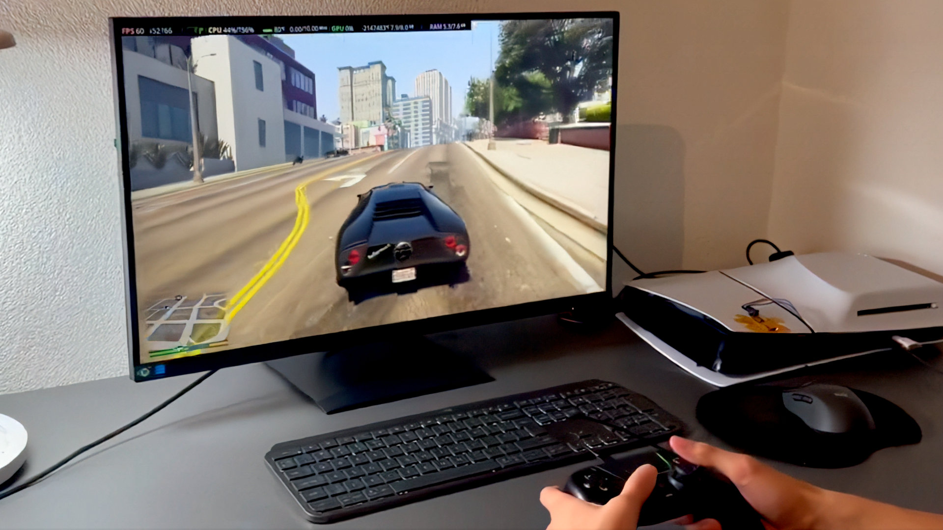 A screenshot of a video posted by Andy Nguyen on X, showing a Sony PS5 Slim running Ubuntu OS and GTA 5 Enhanced