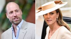 A composite of a picture of Prince William in Norfolk in 2026 and a picture of Kate at Peter Phillips' wedding in 2026