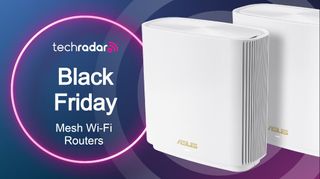 Black Friday text next to a mesh Wi-Fi router