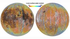 Two diagrams of the moon that show where water is located. A water content map of this valuable life-sustaining commodity across the moon.