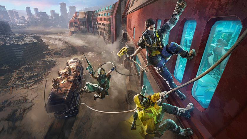 Players climbing onto a moving train from a smaller train