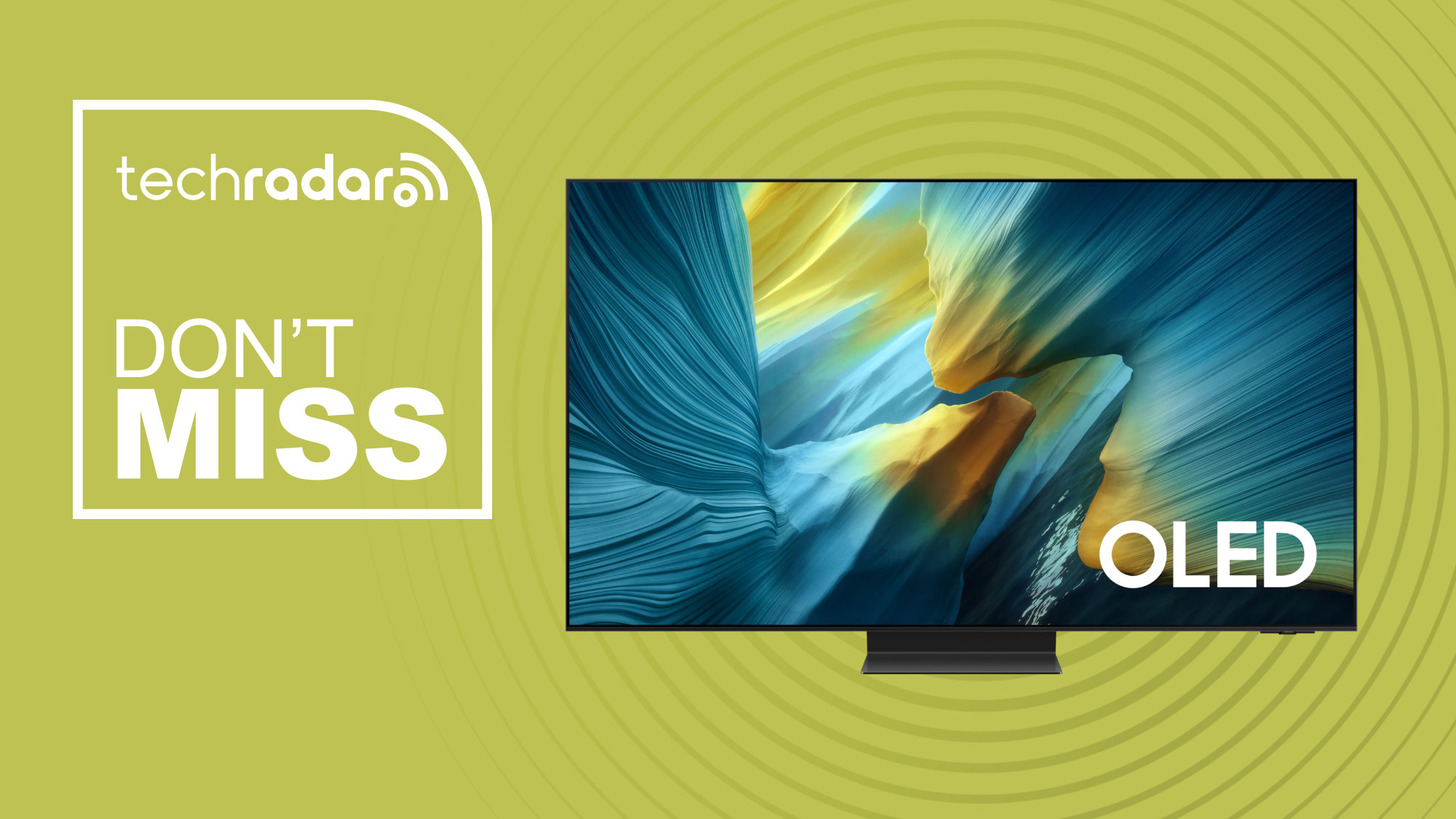 Samsung S95F TV on green background with don't miss text overlay