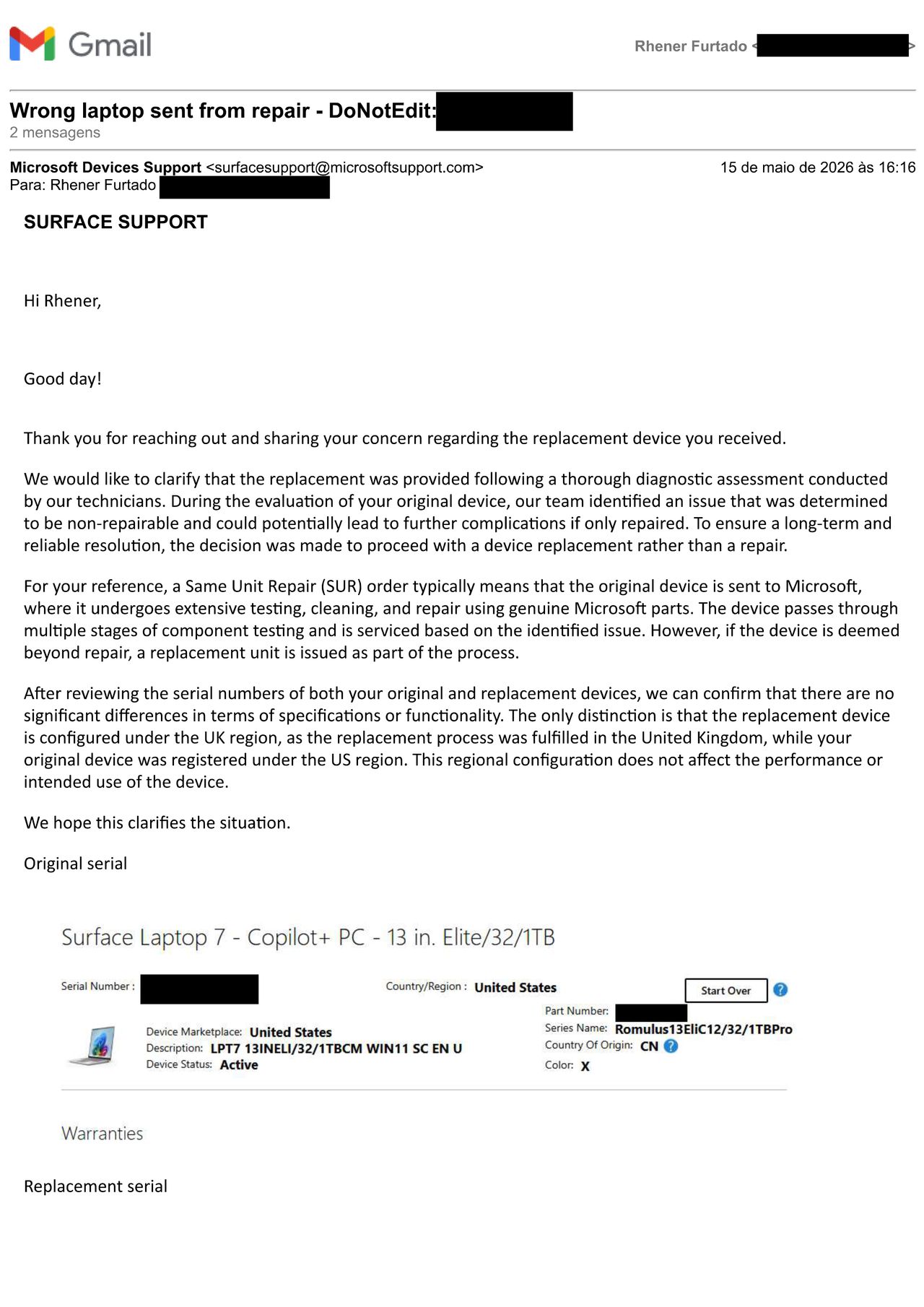 Email from Microsoft regarding 50th Annivesary Surface Laptop