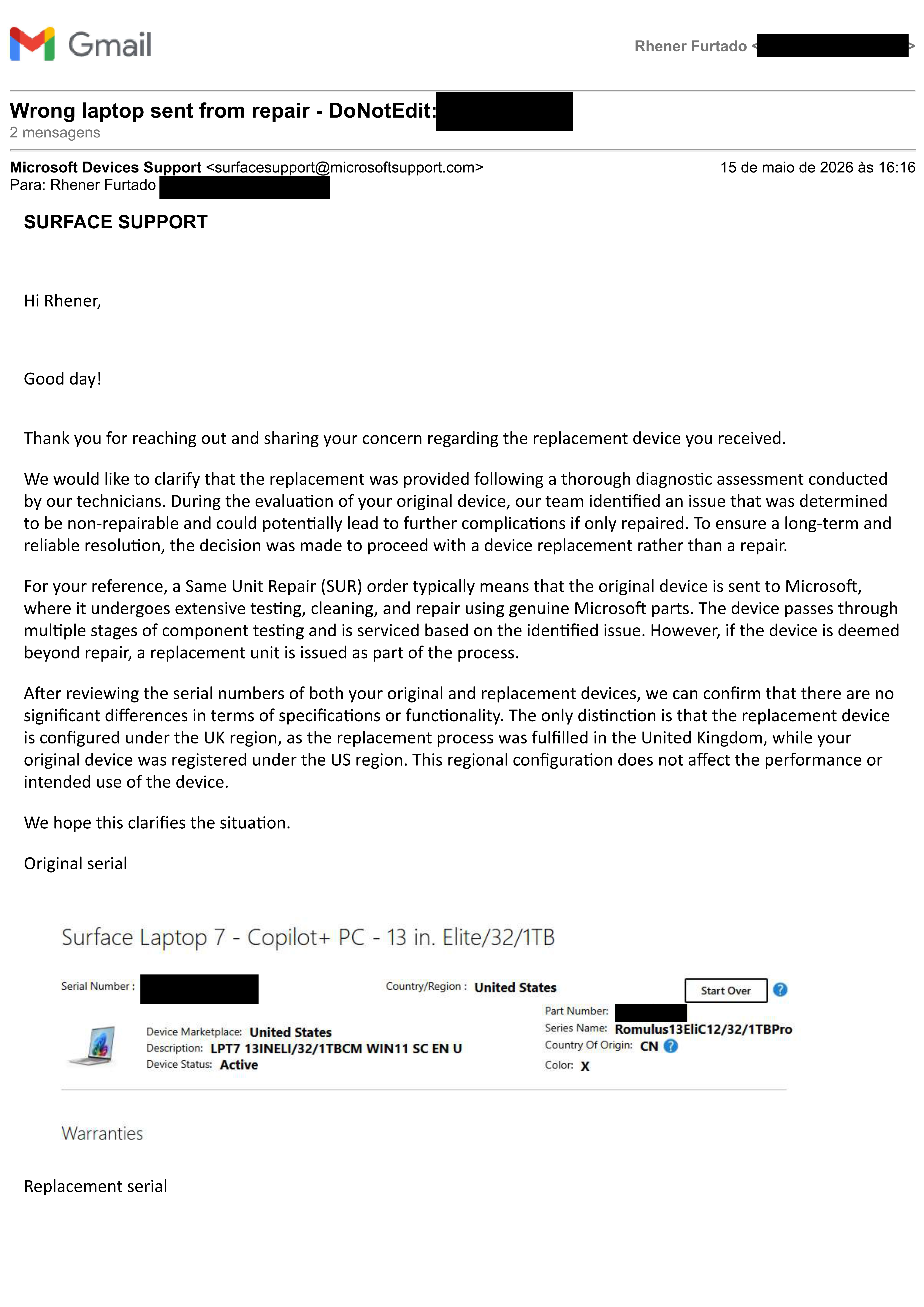 Email from Microsoft regarding 50th Annivesary Surface Laptop