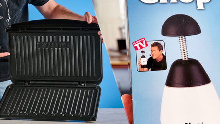 A split image showing a george foreman grill on the left and an as seen on tv logo on the right