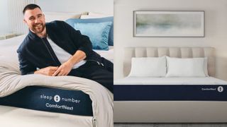 Left side shows Travis Kelce leaning over the edge of the Sleep Number ComfortNext Bed; right side shows a front-facing image of the ComfortNext bed on an upholstered bed frame