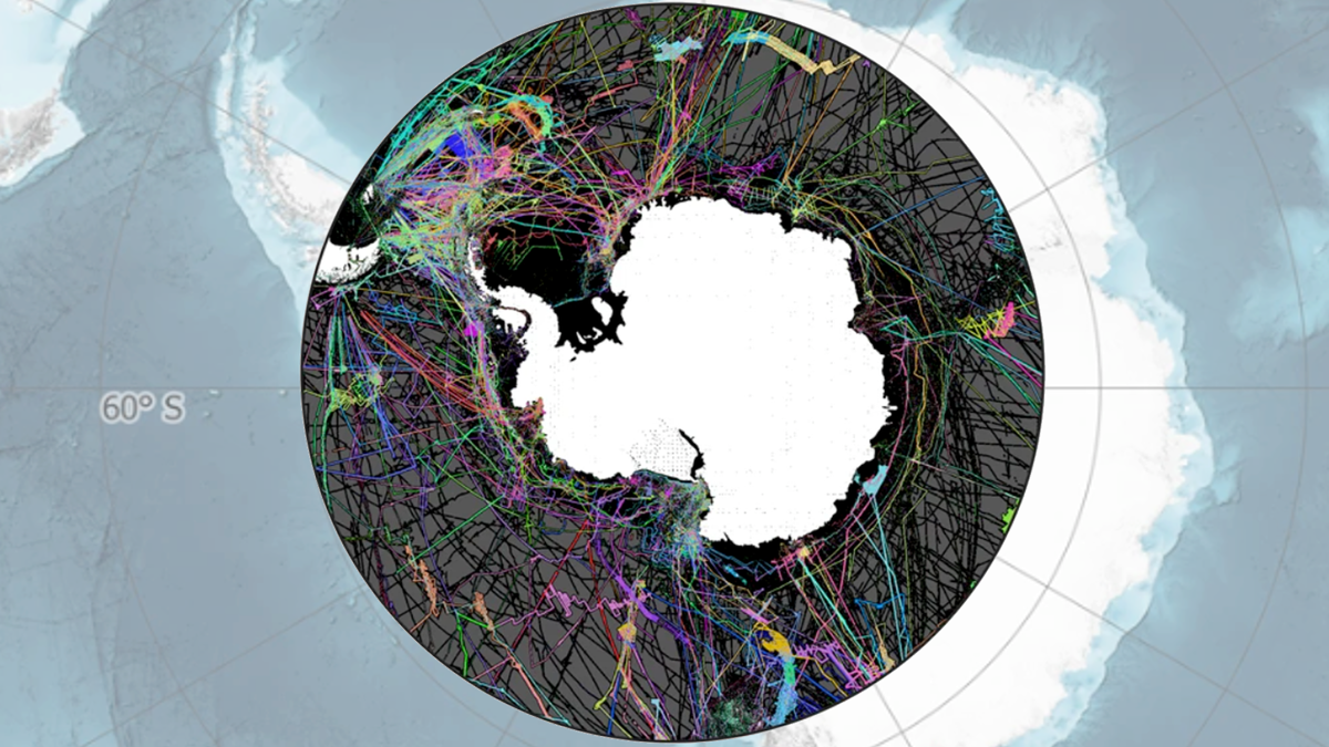 A map of the Southern Ocean showing the tracks of surverying ships that collected the new depth measurements.