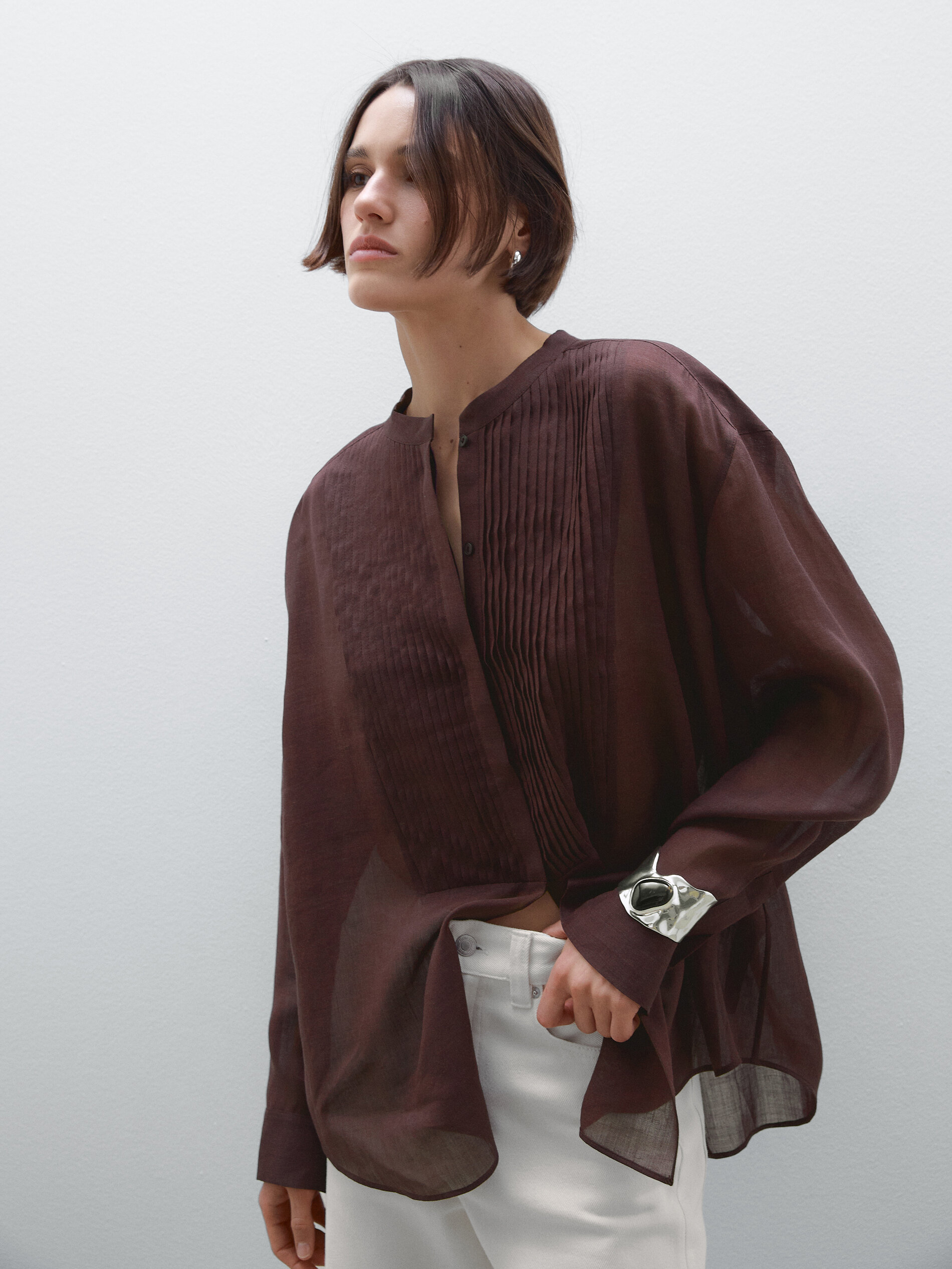Flowing Ramie Blend Shirt With Pintucks