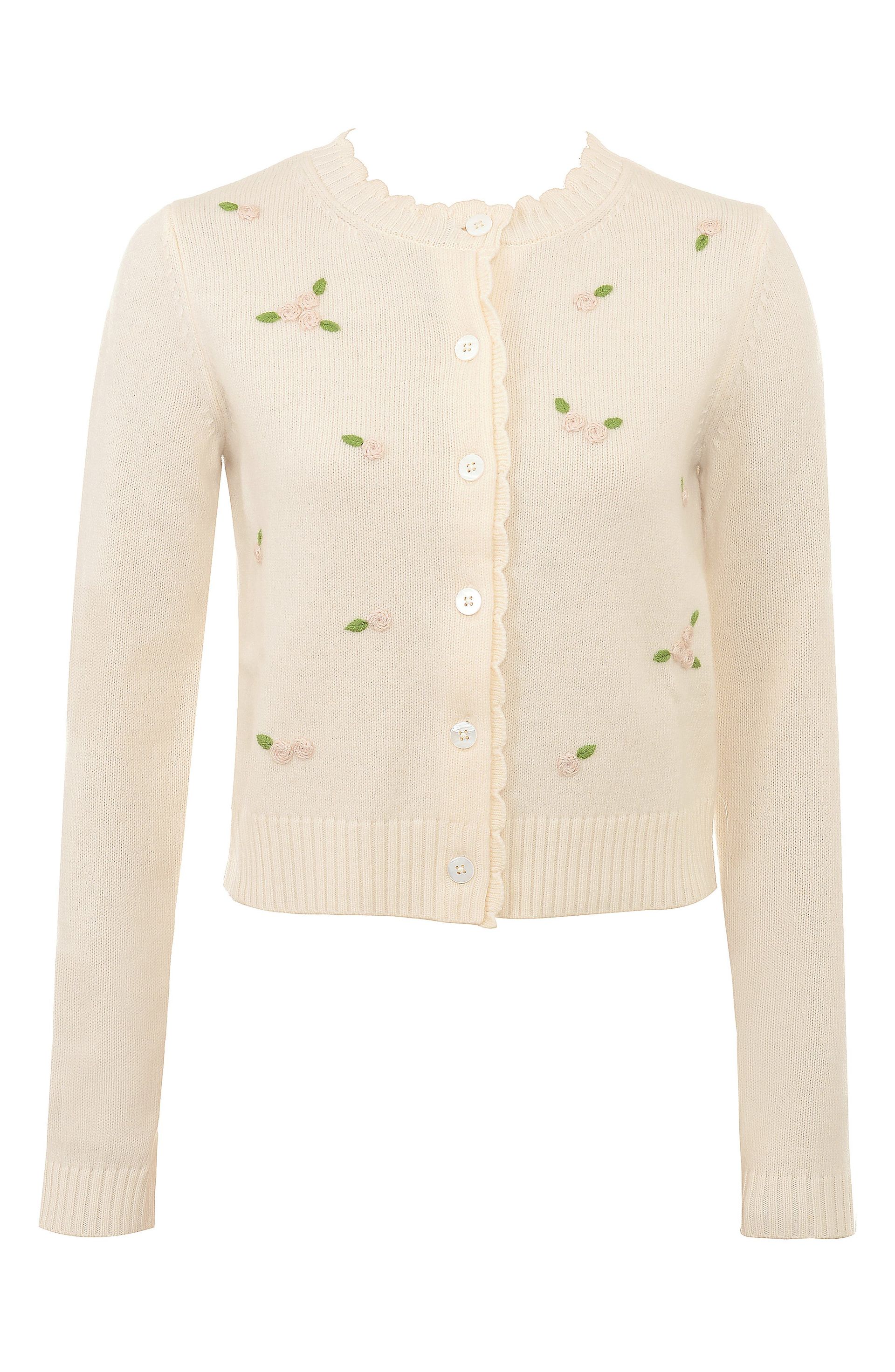 HOUSE OF CB, Anjou Floral Embroidered Ruffle Wool Cardigan