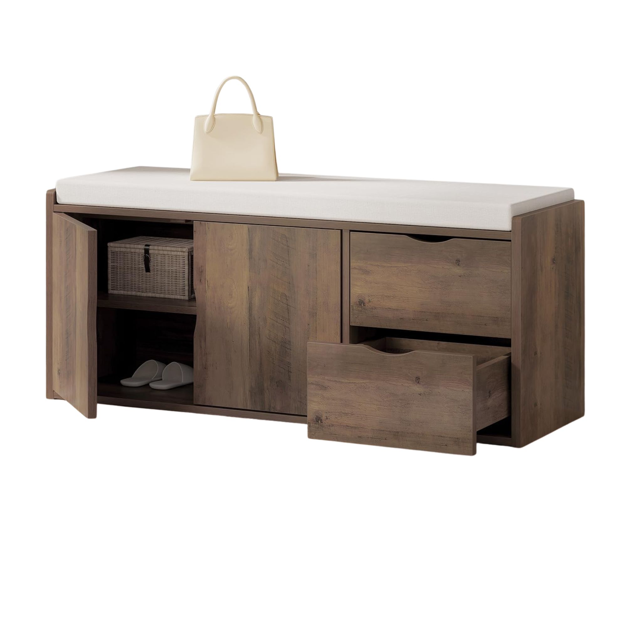 LVB, Lvb Entryway Bench With Storage, 40&amp;rdquo; Storage Bench With Padded Cushioned Seat, Farmhouse Shoe Bench With 2 Drawers Cabinet Shelf, Industrial Wood Shoe Rack Bench for Living Bedroom&amp;#65292;rustic Oak, 40in
