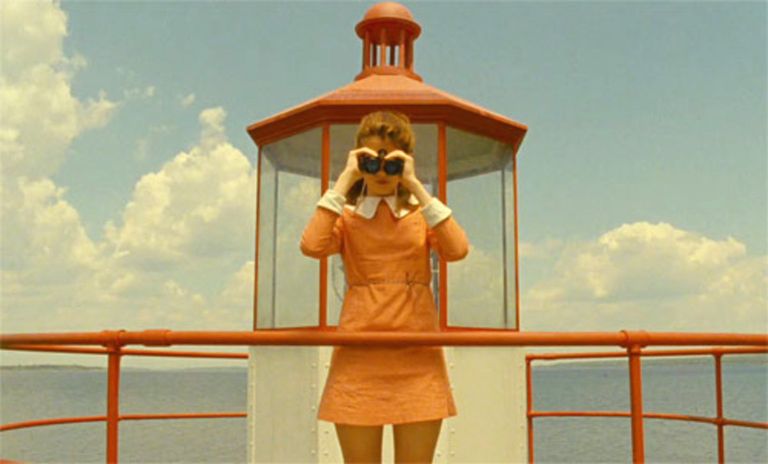 Moonrise Kingdom still showing a woman holding binoculars