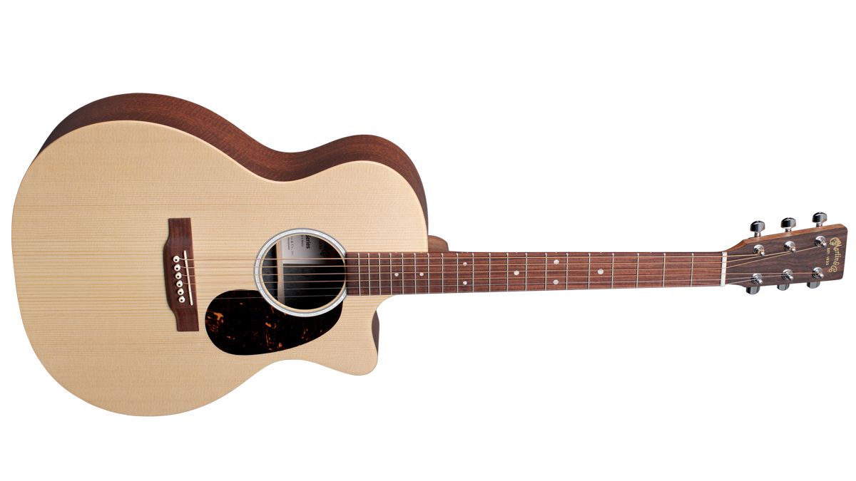 Martin GPC-X2E with figured mahogany HPL back and sides, solid Sitka spruce top. Price $899.