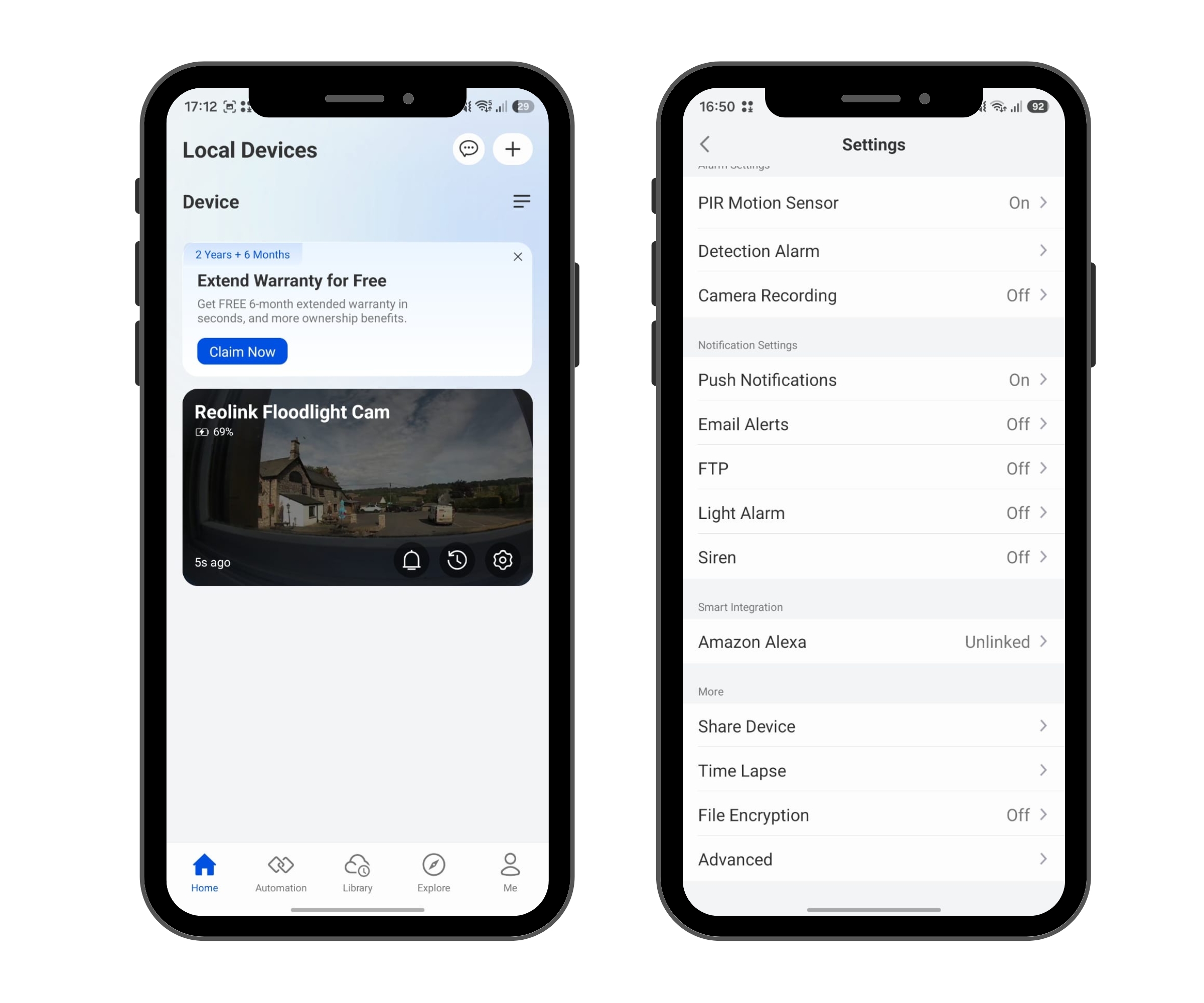 Two phone screens showing Reolink app, one with live camera feed, one listing motion and notification settings.