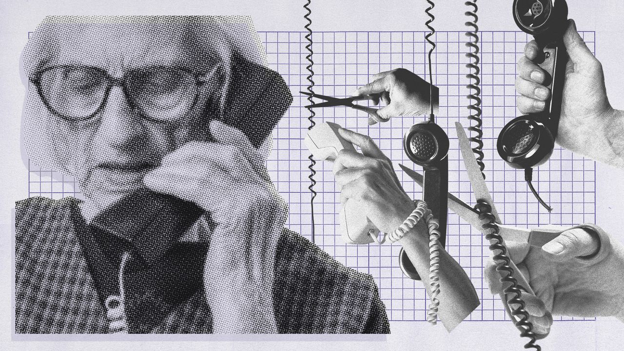 Photo collage of an elderly woman on the phone, looking upset. Behind her, multiple phone lines are getting tangled and cut with scissors. 