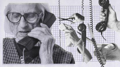 Photo collage of an elderly woman on the phone, looking upset. Behind her, multiple phone lines are getting tangled and cut with scissors. 