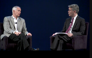 Dish Network's Charlie Ergen (left) answered questions from former FCC chair Robert McDowell at the  Wireless Infrastructure Association’s Connect Expo in Charlotte, N.C.