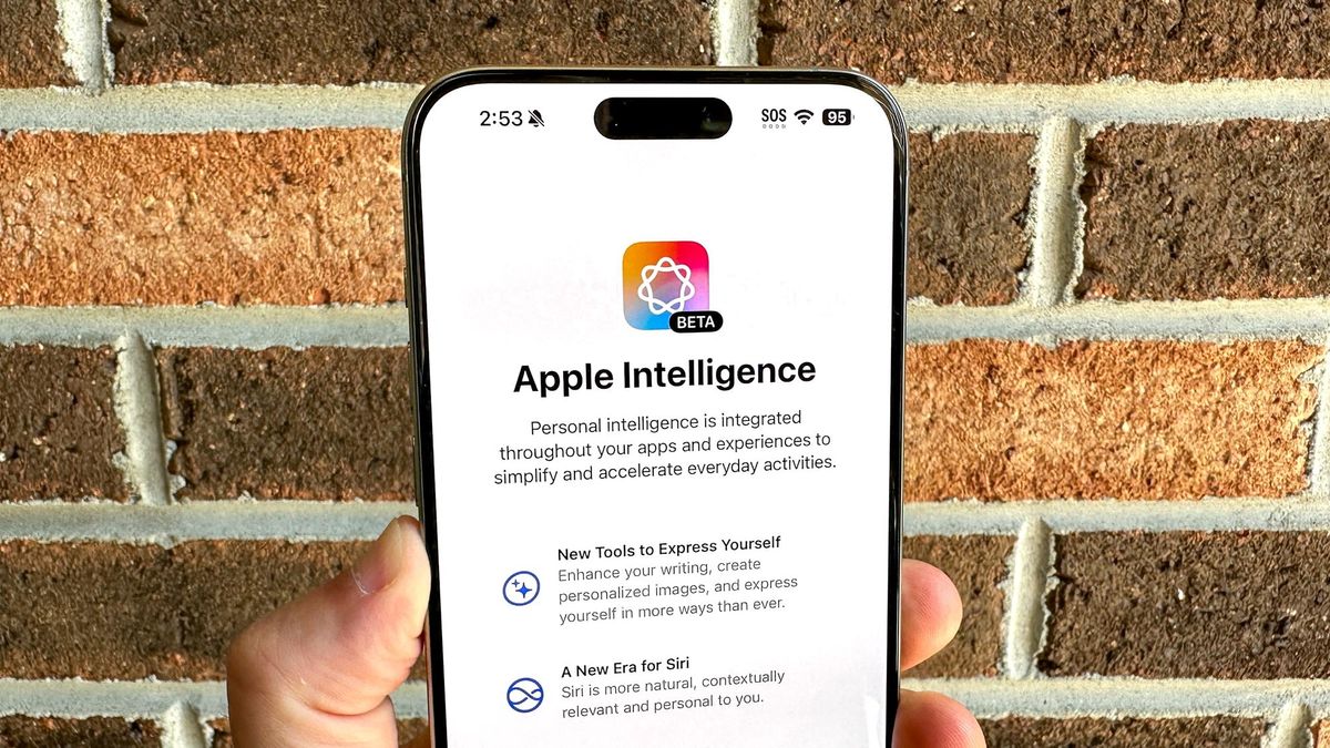 Apple Intelligence installation screen shown on iPhone 15 Pro Max.