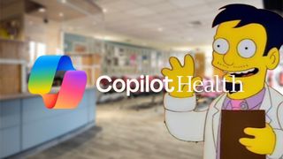 Cartoon doctor enthusiastically gestures beside a colorful "Copilot Health" logo in a blurred doctors office setting