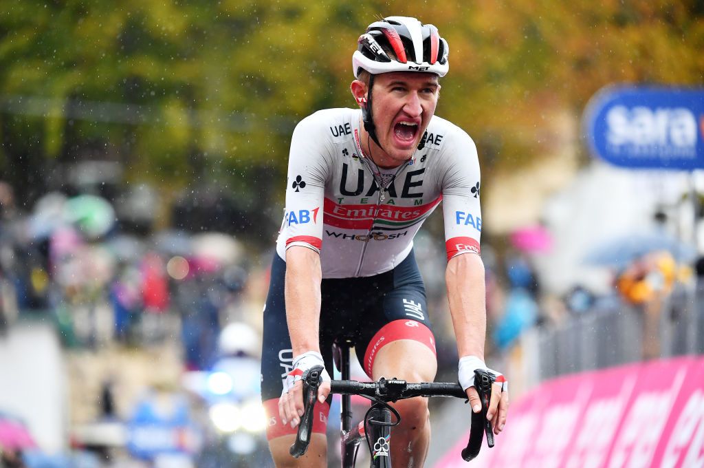 ROCCARASO ITALY OCTOBER 11 Arrival Mikkel Bjerg of Denmark and UAE Team Emirates during the 103rd Giro dItalia 2020 Stage 9 a 207km stage from San Salvo to Roccaraso Aremogna 1658m girodiitalia Giro on October 11 2020 in Roccaraso Italy Photo by Stuart FranklinGetty Images