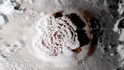 the tonga eruption, with a mushroom formation, seen from space 