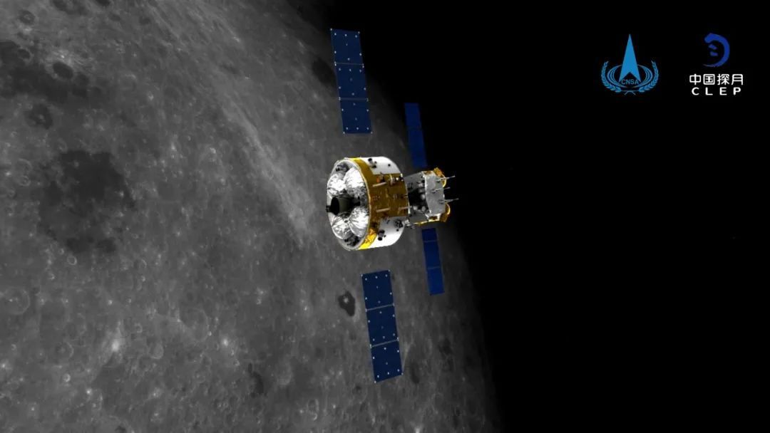 An artist's illustration of China's Chang'e 5 moon orbiter and sample-return ascent vehicle docked in orbit around the moon.