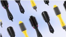 Collage of 3 of the best hair dryer brushes featured in this guide form (left to right) Drybar, Revlon and Amika, set against an ombre blue background