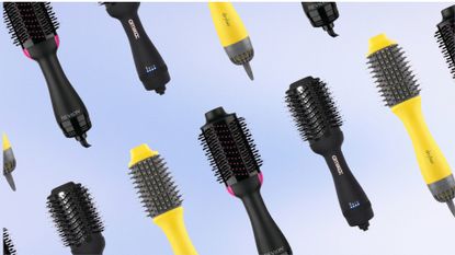 Collage of 3 of the best hair dryer brushes featured in this guide form (left to right) Drybar, Revlon and Amika, set against an ombre blue background