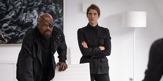 Nick Fury and Maria Hill giving Spider-Man a mission