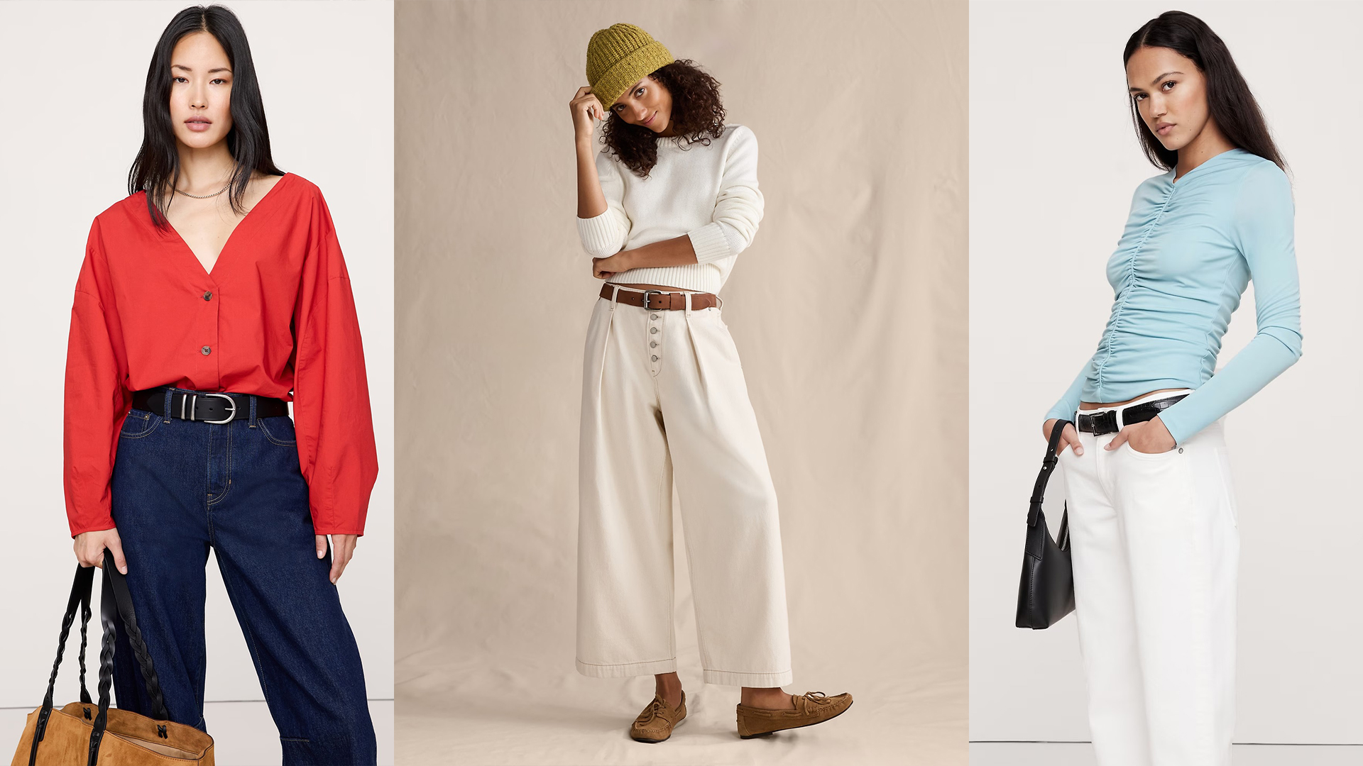 model wears red top and dark wash blue jeans with boots, second model wears whit sweater and white/khaki pants with boat shoes and a beanie, and the third is wearing a blue ruched top and white pants