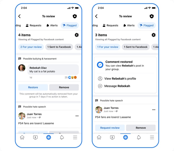 The reviewing process for potentially harmful posts in Facebook Groups.