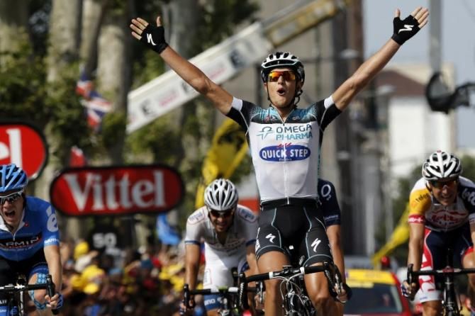 Matteo Trentin (Omega Pharma-Quickstep) celebrates his Tour de France stage win in Lyon