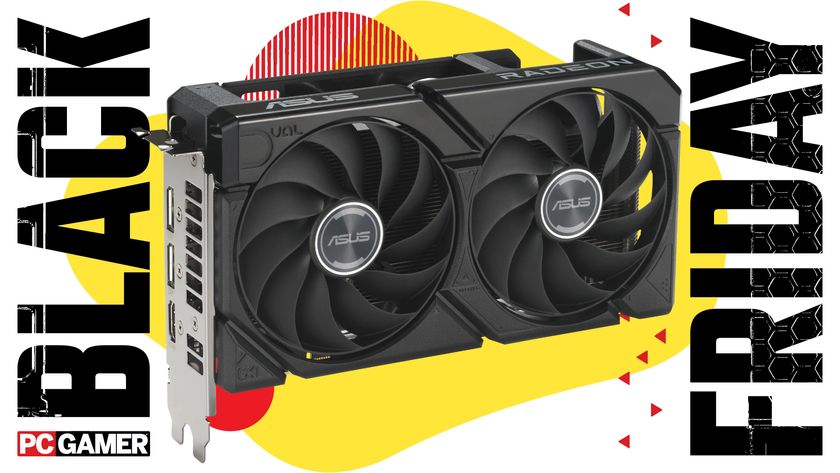 The Asus Dual Radeon RX 9060XT 16 GB budget graphics card on a Black Friday deals background