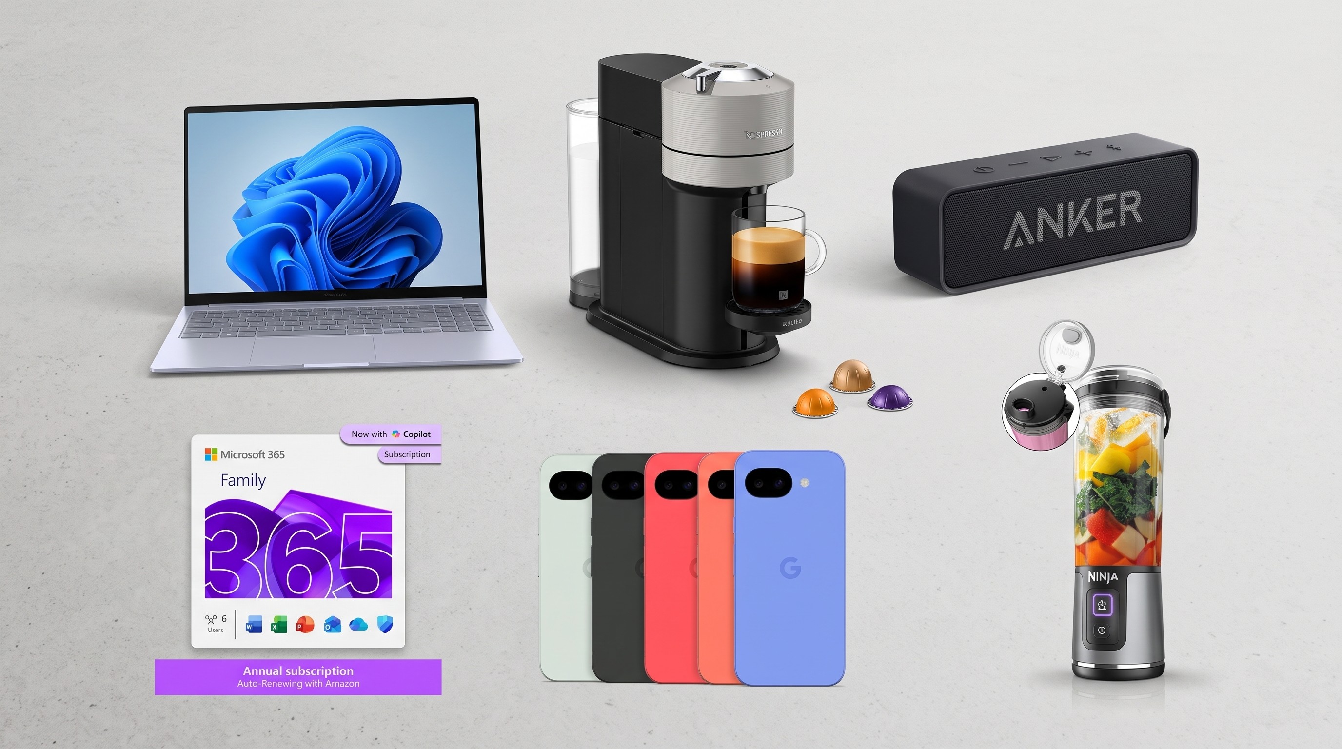 A collage of tech from the back-to-school sale at Amazon UK, including a Samsung laptop, Nespresso, Anker speaker, Microsoft 365, Google Pixel 10a, and Ninja Blast.