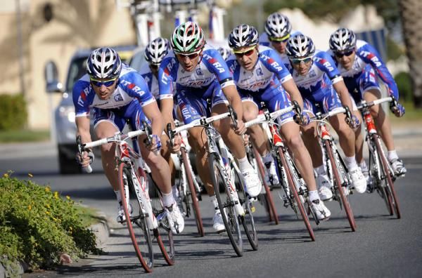 Filippo Pozzato in second wheel with his Katusha teammates