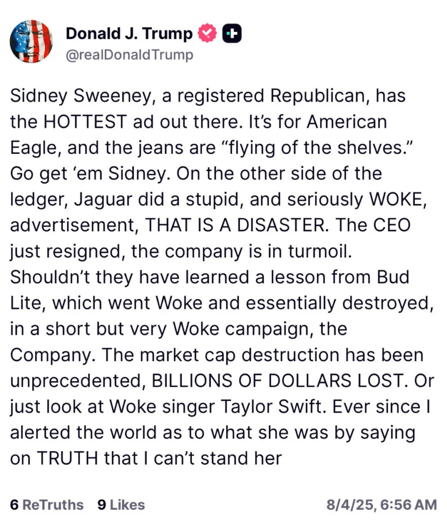 Donald Trump Truth Social post about Sydney Sweeney