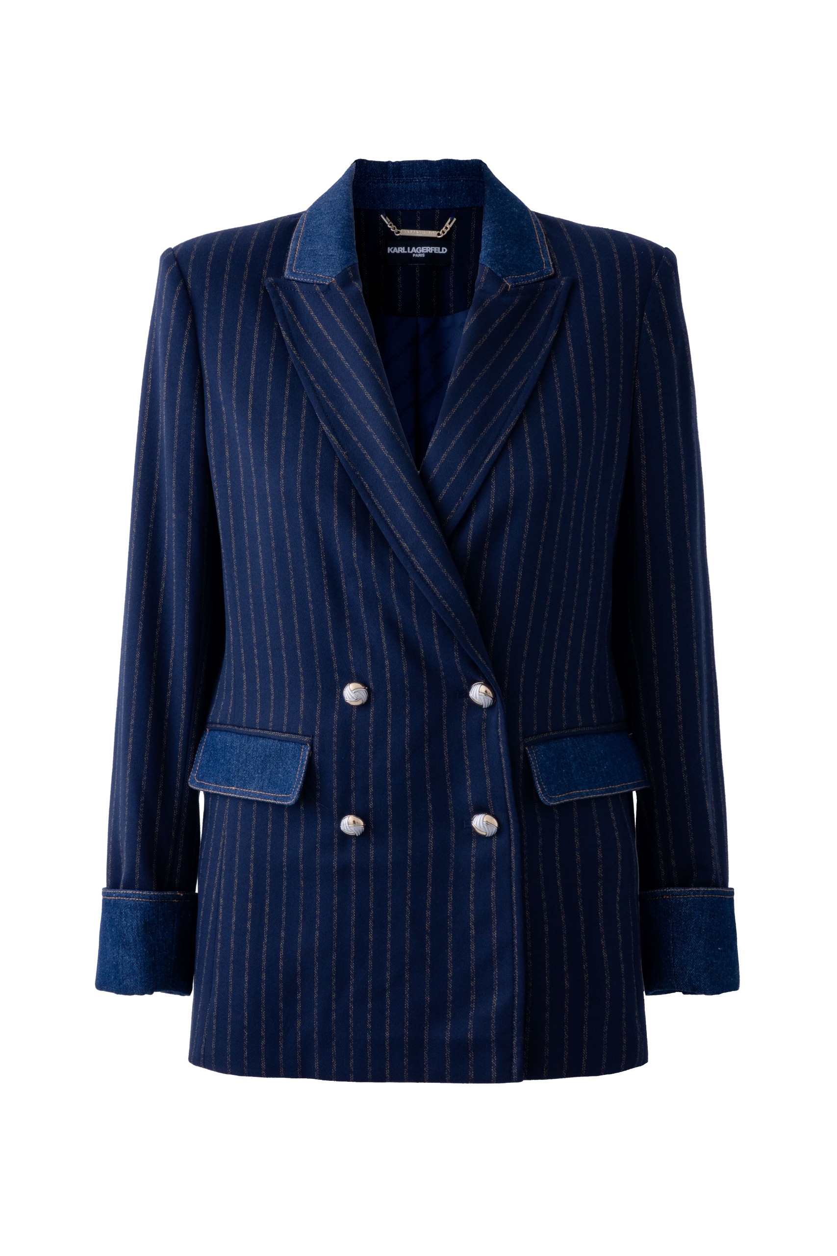 KARL LAGERFELD PARIS, Denim Trim Pinstripe Blazer
