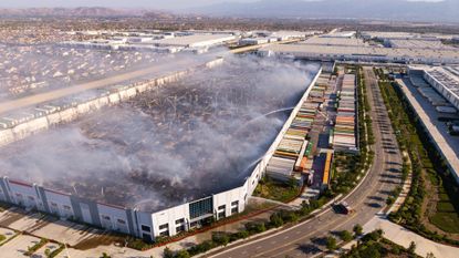 The remains of the Kimberly-Clark warehouse in Ontario, California, after an arson attack.